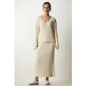 Happiness İst. YY00188 Kadın Krem Fitilli Kazak Etek Triko Takım