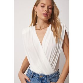 Happiness İst. ZH00014 Kadın Ekru Anvelop Yaka Vatkalı Çıtçıtlı Örme Bluz