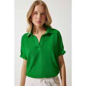 Happiness İstanbul DD01299 Yeşil Polo Yaka Örme Krinkıl Kadın Bluz