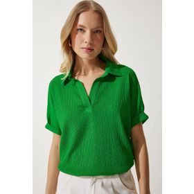 Happiness İstanbul DD01299 Yeşil Polo Yaka Örme Krinkıl Kadın Bluz