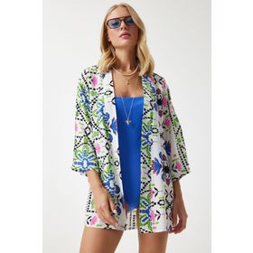 Happiness İstanbul EN00615 Yeşil Mavi Desenli Kadın Viskon Kimono