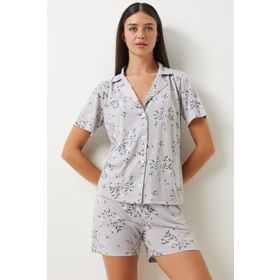Happiness İstanbul Gri Desenli Viskon Şort Gömlek Kadın Pijama Takımı