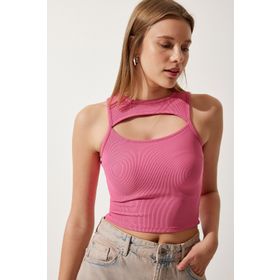 Happiness İstanbul KH00089 Pembe Cut Out Detaylı Fitilli Crop Örme Kadın Bluz