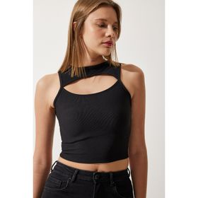 Happiness İstanbul KH00089 Siyah Cut Out Detaylı Fitilli Crop Örme Kadın Bluz