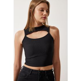 Happiness İstanbul KH00089 Siyah Cut Out Detaylı Fitilli Crop Örme Kadın Bluz