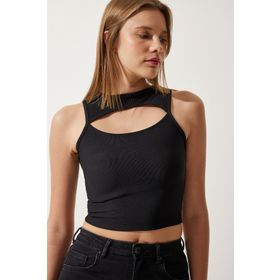 Happiness İstanbul KH00089 Siyah Cut Out Detaylı Fitilli Crop Örme Kadın Bluz