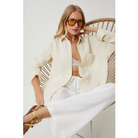 Happiness İstanbul MX00150 Açık Krem Oversize Basic Müslin Kadın Gömlek