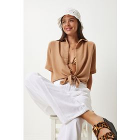 Happiness İstanbul MX00151 Bisküvi Bağlama Detaylı Keten Kadın Bluz