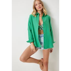 Happiness İstanbul MX00167 Yeşil Oversize Uzun Basic Kadın Gömlek