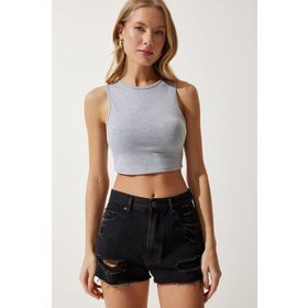 Happiness İstanbul OW00039 Gri Halter Yaka Crop Örme Kadın Bluz