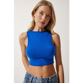Happiness İstanbul OW00039 Mavi Halter Yaka Crop Örme Kadın Bluz