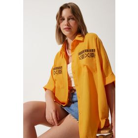 Happiness İstanbul RG00031Oranj Nakışlı Cepli Oversize Keten Ayrobin Kadın Gömlek