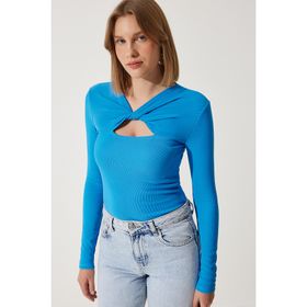Happiness İstanbul SF00005 Canlı Mavi Cut Out Detaylı Fitilli Örme Kadın Bluz