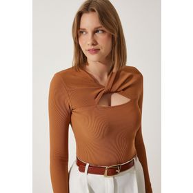 Happiness İstanbul SF00005 Taba Cut Out Detaylı Fitilli Örme Kadın Bluz