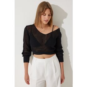 Happiness İstanbul YY00212 Siyah Ajurlu Crop Triko Kadın Bluz
