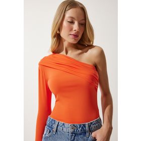 Happiness İstanbul ZH00032 Oranj Tek Omuz Büzgü Detaylı Örme Kadın Bluz
