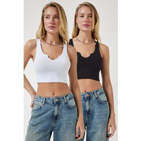 Happiness OW00031 İstanbul Kadın Antrasit Beyaz Askılı 2'Li Paket Crop Örme Bluz