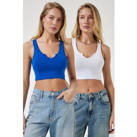 Happiness OW00031 İstanbul Kadın Antrasit Beyaz Askılı 2'Li Paket Crop Örme Bluz
