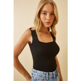 Happiness US00358 İstanbul Kadın Beyaz Kare Yaka Triko Crop Bluz