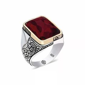 Harem Altın ​Gümüş Bordo Taşlı Köşeli Erkek Yüzük