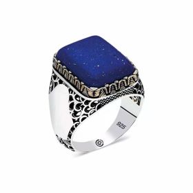 Harem Altın ​Gümüş Mavi Lapis Taşlı Kare Erkek Yüzük