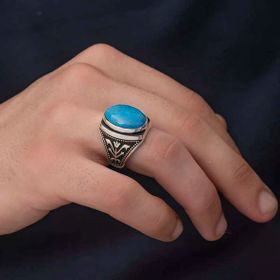 Harem Altın Gümüş Turkuaz Zirkon Taşlı Oval Erkek Yüzük