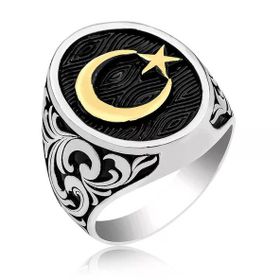 Harem Altın Gümüş Yanları Desenli Ay Yıldız Erkek Yüzük