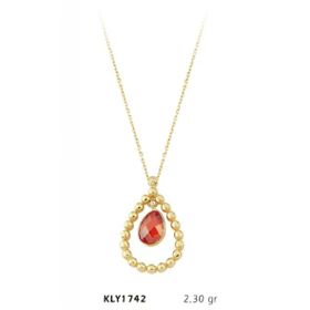 Harem Altın KLY1742 14 Ayar Damla Motifli Kırmızı Taşlı Kolye