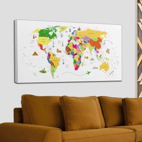 Harita Sepeti 2287 Dünya Haritası Dekoratif Ülke ve Başkentli Öğretici ve Sembollü 95x55 cm Kanvas Tablo