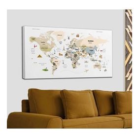 Harita Sepeti 2301 Dünya Haritası Dekoratif Ülke ve Başkentli Öğretici ve Sembollü 95x55 cm Kanvas Tablo