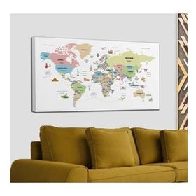 Harita Sepeti 2307 Dünya Haritası Dekoratif Ülke ve Başkentli Öğretici ve Sembollü 95x55 cm Kanvas Tablo