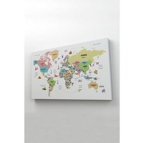 Harita Sepeti 2307 Dünya Haritası Dekoratif Ülke ve Başkentli Öğretici ve Sembollü 95x55 cm Kanvas Tablo