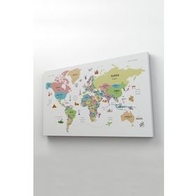 Harita Sepeti 2307 Dünya Haritası Dekoratif Ülke ve Başkentli Öğretici ve Sembollü 95x55 cm Kanvas Tablo