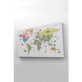Harita Sepeti 2307 Dünya Haritası Dekoratif Ülke ve Başkentli Öğretici ve Sembollü 95x55 cm Kanvas Tablo