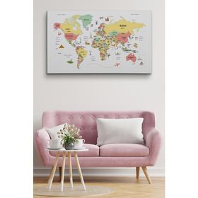 Harita Sepeti 2313 Dünya Haritası Dekoratif Ülke ve Başkentli Öğretici ve Sembollü 95x55 cm Kanvas Tablo