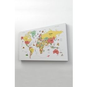 Harita Sepeti 2313 Dünya Haritası Dekoratif Ülke ve Başkentli Öğretici ve Sembollü 95x55 cm Kanvas Tablo