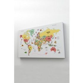 Harita Sepeti 2313 Dünya Haritası Dekoratif Ülke ve Başkentli Öğretici ve Sembollü 95x55 cm Kanvas Tablo