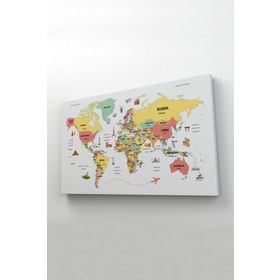 Harita Sepeti 2313 Dünya Haritası Dekoratif Ülke ve Başkentli Öğretici ve Sembollü 95x55 cm Kanvas Tablo