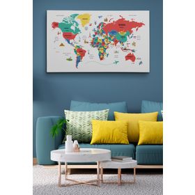 Harita Sepeti 2315 Dünya Haritası Dekoratif Ülke ve Başkentli Öğretici ve Sembollü 95x55 cm Kanvas Tablo