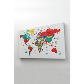 Harita Sepeti 2315 Dünya Haritası Dekoratif Ülke ve Başkentli Öğretici ve Sembollü 95x55 cm Kanvas Tablo