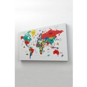 Harita Sepeti 2315 Dünya Haritası Dekoratif Ülke ve Başkentli Öğretici ve Sembollü 95x55 cm Kanvas Tablo