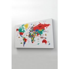 Harita Sepeti 2315 Dünya Haritası Dekoratif Ülke ve Başkentli Öğretici ve Sembollü 95x55 cm Kanvas Tablo