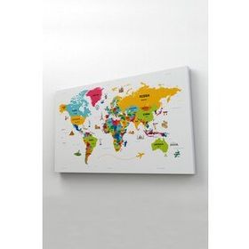 Harita Sepeti 2317 Dünya Haritası Dekoratif Ülke ve Başkentli Öğretici ve Sembollü 95x55 cm Kanvas Tablo