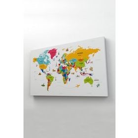 Harita Sepeti 2317 Dünya Haritası Dekoratif Ülke ve Başkentli Öğretici ve Sembollü 95x55 cm Kanvas Tablo