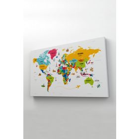 Harita Sepeti 2317 Dünya Haritası Dekoratif Ülke ve Başkentli Öğretici ve Sembollü 95x55 cm Kanvas Tablo
