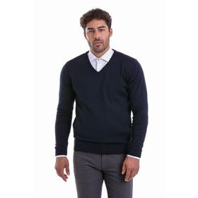 Hatemoğlu 34251022A008 Lacivert Regular Fit Yünlü Düz V Yaka Triko Erkek Kazak
