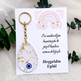 Hayaller Dükkanı 25 Adet Kağıt Üzeri Yenidoğan Hediyelik Damla Modeli Epoksi Anahtarlık