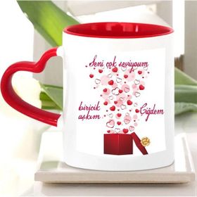 Hayaller Dükkanı Sevgililer Günü Yazılı Kişiye Özel Baskılı Kalp Kulplu lik Kupa Bardak