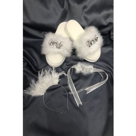 Hayalperest Boncuk Beyaz Tüylü Bride Gelin Terliği ve Taç Seti