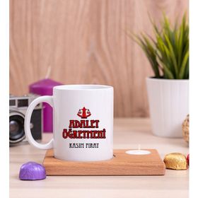 Hediye Dükkanı Adalet Öğretmeni Ahşap Altlıklı Mumlu Beyaz Kupa Bardak